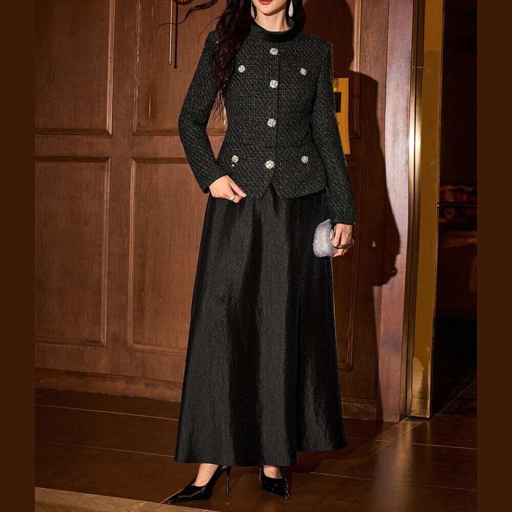 Black Tweed Stand Collar Button Front Peplum Bodice A-Line Maxi Dress